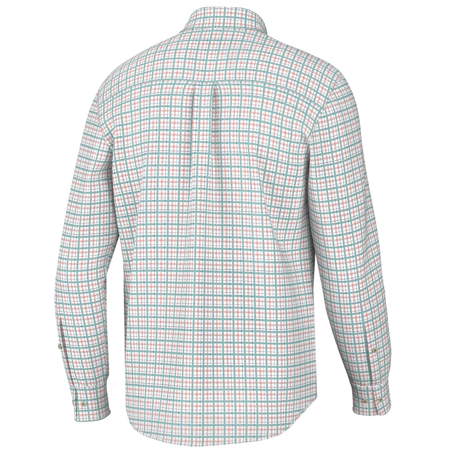 a white shirt with a green and blue checkered pattern