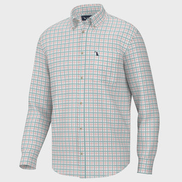 a white shirt with a green and blue checkered pattern