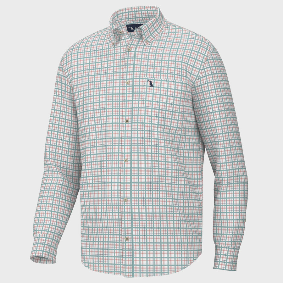 a white shirt with a green and blue checkered pattern