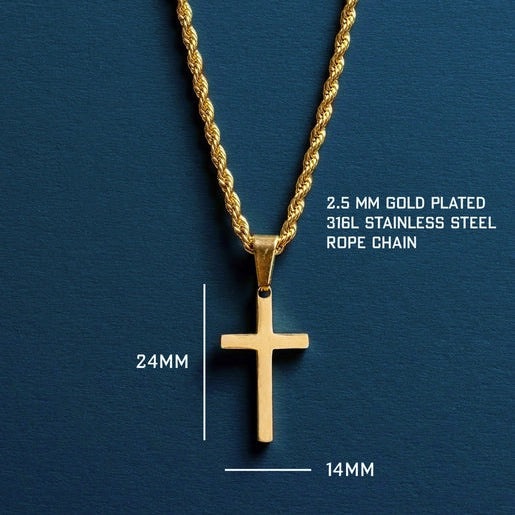 a cross pendant is shown on a blue surface