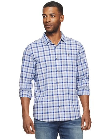 a man wearing a blue and white checkered shirt