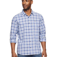 a man wearing a blue and white checkered shirt