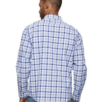 a man wearing a blue and white checkered shirt